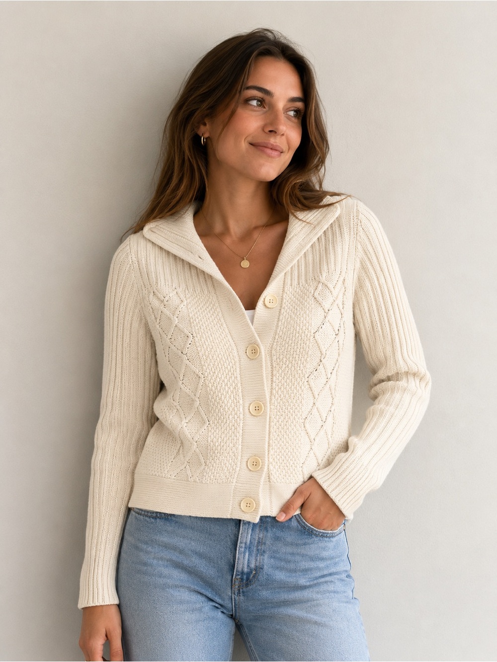 L.L.Bean Cream Wool Blend Cable Knit Cardigan Sweater Preppy Nordic Classic